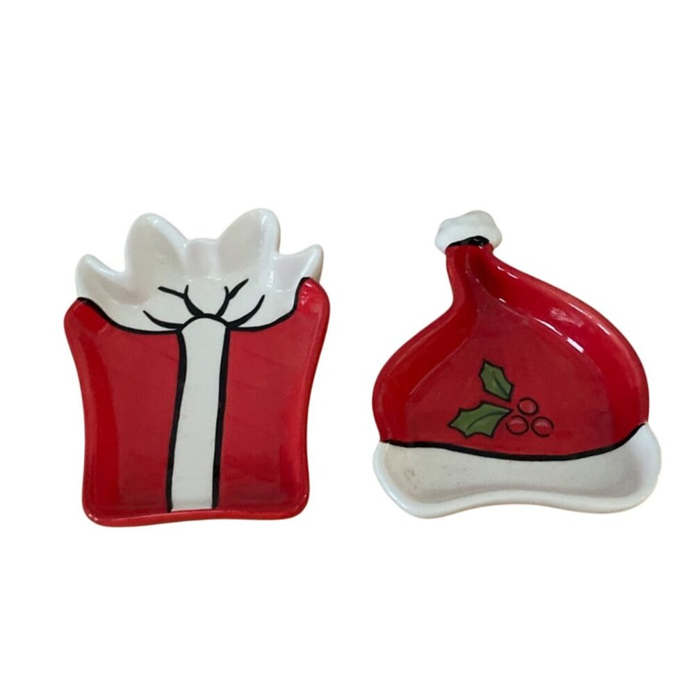 Russ Berrie Christmas Gift and Santa Hat Ceramic Dish Set Candy Serving Trinket